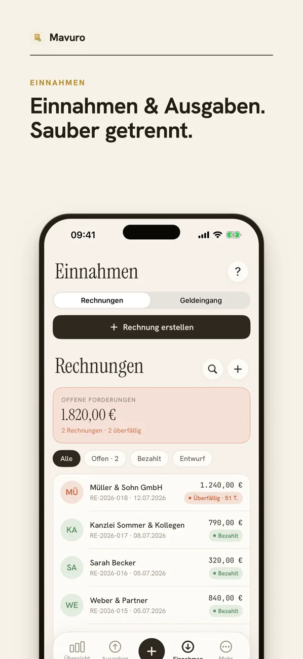 Mavuro-Screen: Einnahmen und Ausgaben sauber getrennt
