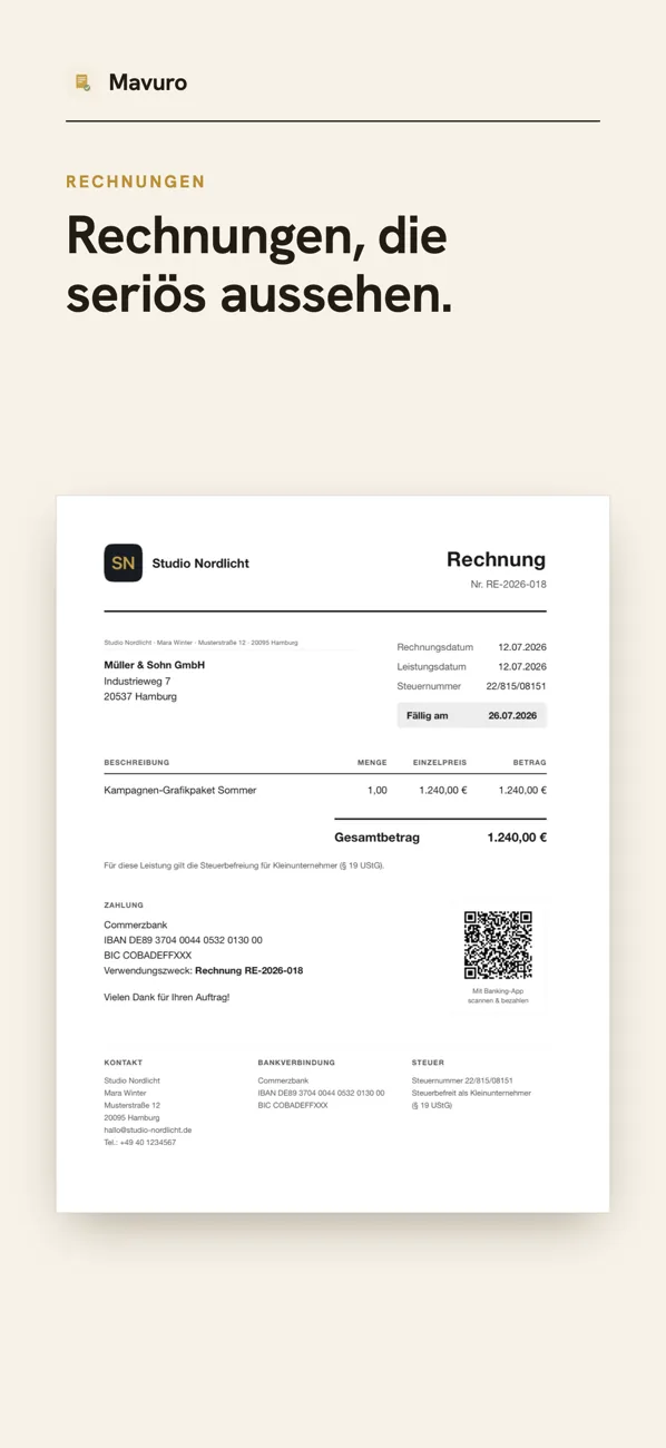Mavuro-Screen: Rechnung als PDF mit Bezahl-QR