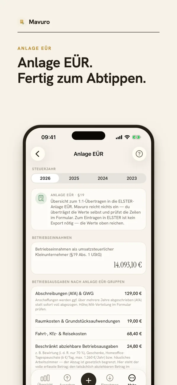 Mavuro-Screen: Anlage EÜR fertig zum Abtippen